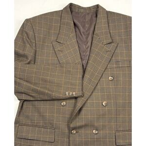 VTG 80s/90s Assia Brown/Navy/Rust Houndstooth Plaid Double Breasted Blazer 44R